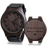 KOSTING Engraved Mens Handmade Vintage Analog Quartz Personalized Wooden Watches Custom Men Watch with Cowhide Leather Strap Sleek Ebony Wood KOSTING