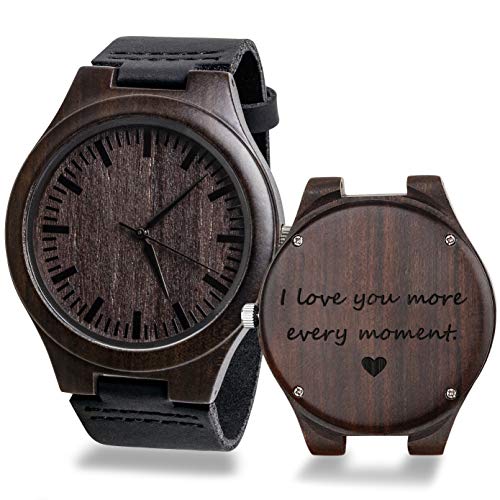 KOSTING Engraved Mens Handmade Vintage Analog Quartz Personalized Wooden Watches Custom Men Watch with Cowhide Leather Strap Sleek Ebony Wood - WoodArtSupply