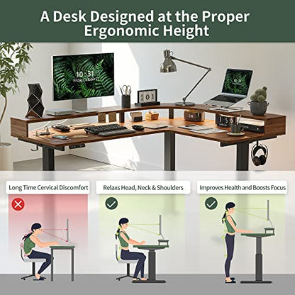 FEZIBO Triple Motor L Shaped Stadning Desk with LED Strip & Power Outrlets，63 inches Height Adjustable Stand up Corner Desk with Ergonomic Monitor - WoodArtSupply