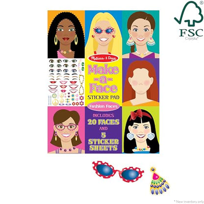 Melissa & Doug Make-a-Face Sticker Pad - Fashion Faces, 20 Faces, 5 Sticker Sheets - Reusable Stickers, Stocking Stuffers, Restickable Stickers, - WoodArtSupply