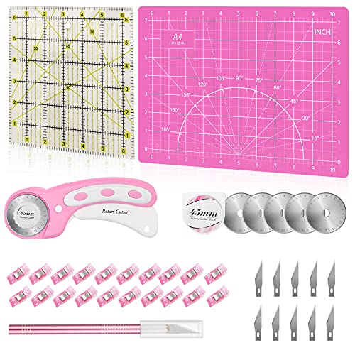 39 Pcs Rotary Cutter Set Pink - Quilting Kit incl. 45mm Fabric Cutter with 5 Extra Blades, A4 Cutting Mat, Craft Knife Set, Quilting Ruler and Sewing Headley Tools