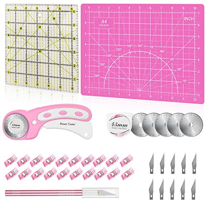 39 Pcs Rotary Cutter Set Pink - Quilting Kit incl. 45mm Fabric Cutter with 5 Extra Blades, A4 Cutting Mat, Craft Knife Set, Quilting Ruler and Sewing