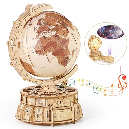 MIEBELY 3D Wooden Illuminated Globe Music Box with Space Projector - DIY LED Puzzle Kit for Adults - WoodArtSupply