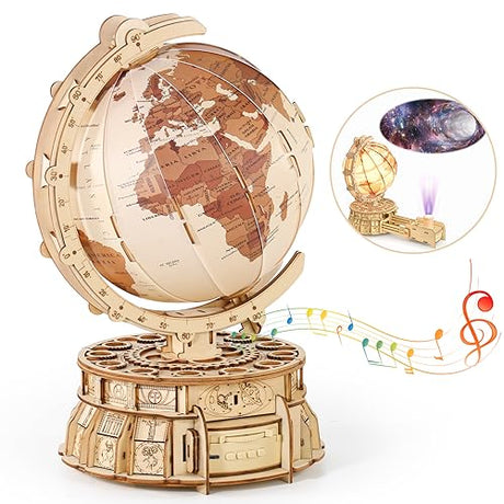 MIEBELY 3D Wooden Puzzles for Adults USB Charging Illuminated Globe Music Box DIY LED Wood Model Building Kits with Space Projector Stem toys MIEBELY