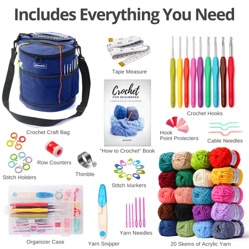 Piccassio Crochet Kit for Beginners Adults and Kids - Make Amigurumi Crocheting Projects Beginner Includes 20 Colors Yarn, Hooks, Book, a Durable Bag Piccassio