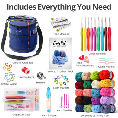 Piccassio Crochet Kit for Beginners Adults and Kids - Make Amigurumi Crocheting Projects Beginner Includes 20 Colors Yarn, Hooks, Book, a Durable Bag - WoodArtSupply