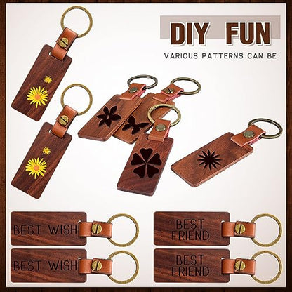 Sasylvia 100 Packs Wooden Keychain Blanks Leather Strap Keychain Blanks Wood Keychain Rectangle Walnut Blank Wooden Keychain Wood Tags Unfinished