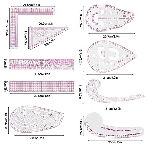 9 Styles Clear Metric Sewing Ruler Set, Plastic Sew French Curve Ruler for Designers, Pattern Maker, Sewing Templates Tenalleys