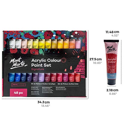 Mont Marte Signature Acrylic Paint Set, 48 Colors x 36 ml, Semi-Matte Finish, Suitable for Canvas, Wood, MDF, Leather, Air-dried Clay, Plaster, - WoodArtSupply