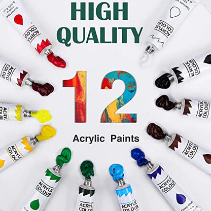 Acrylic Painting Set with 1 Packs / 10 PCS Nylon Hair Brushes 12 Color Tubes (12ml, 0.4 oz) 1 PCS Paint Plate and 4 PCS Canvas for Acrylic Painting - WoodArtSupply