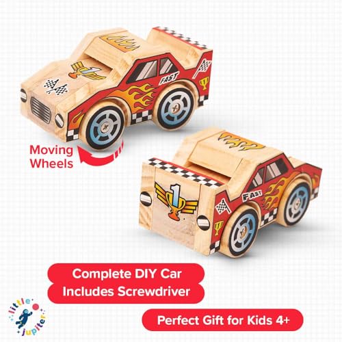 DIY Wooden Race Car w/ Stickers - Kids Building Kit - Stem Building Toys - Wood Crafts for Kids - Building Kits for Kids - Woodworking Kits for Kids Little Jupiter