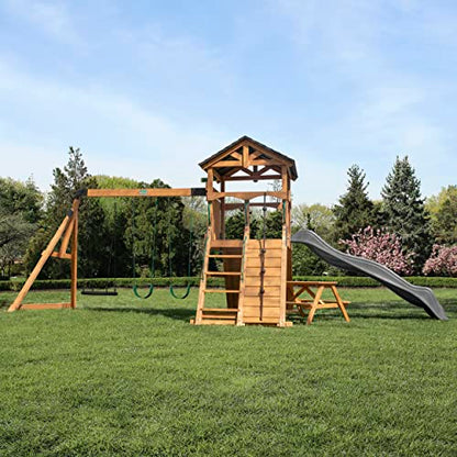 Backyard Discovery Endeavor II All Cedar Wood Swing Set Playset for Backyard with Gray Wave Slide Climbing Wall with Rope Picnic Table Double Wide - WoodArtSupply