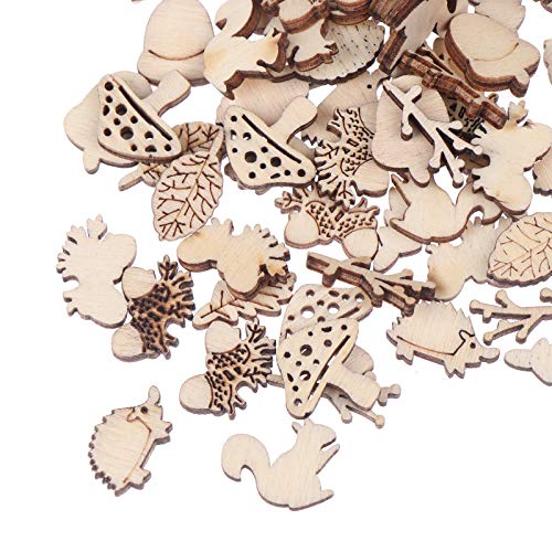 300Pcs Wooden Embellishments,Mushroom Squirrel Shape Wooden Cutouts Wooden Scrapbooking DIY Handmade Crafts Children Graffiti Home Decor Wooden Leaf Haiabei
