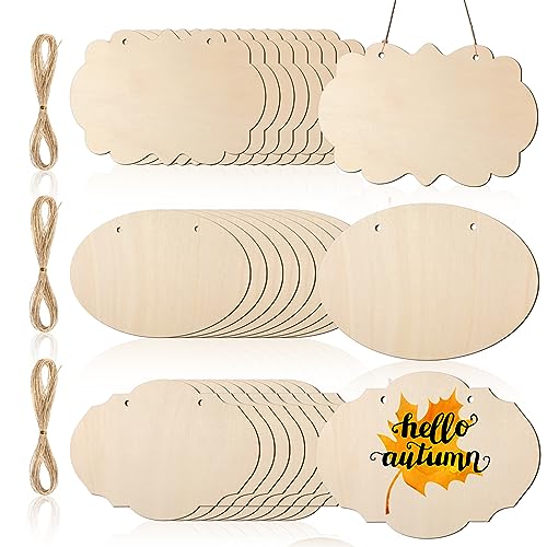 Soaoo 30 Pcs Unfinished Wood Sign Blank Wood Blanks Wooden Plaque for Craft Oval Hanging Wood Sign 9 x 6 in Rectangle Shaped Wood Plaque Wood