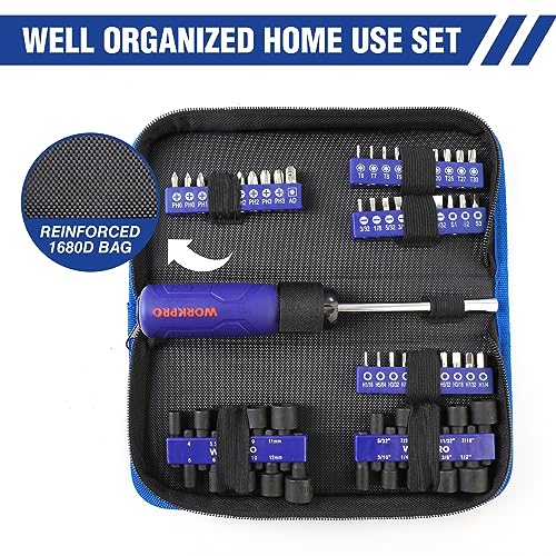 WORKPRO 61PC Magnetic Screwdriver Bits & Nut Driver Set with Organizer Bag, DIY Tools & Equipment for Men Women Mechanic, Herramientas Tool Bit Kit WORKPRO