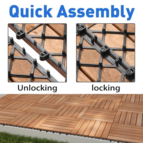 HOUSEBOOK- 12 slats Pack of 9 Premium Wood(Not Softwood Fir/Pine) Interlocking Deck Tile, Patio Pavers Floor, Flooring Tiles, Decor, D.I.Y Tiles,