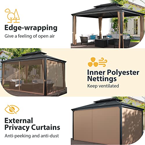 Greesum 10'x13' Hardtop Polycarbonate Gazebo, Outdoor Steel Double Roof Canopy, Aluminum Frame Permanent Pavilion with Netting and Curtains for - WoodArtSupply