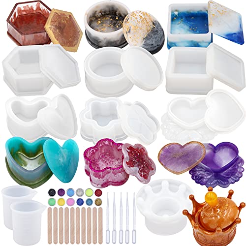 EuTengHao Resin Molds 43Pcs Silicone Molds for Resin, Epoxy Resin Crown Shape Mold Heart Shape Mold with Mica Powder for Storage Box Jewelry Trinket - WoodArtSupply