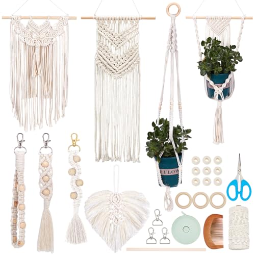 INFUNLY 7 in 1 DIY Macrame Kit All in One Macrame Kits for Adults Beginners White Macrame Hanging Charms for Decoration Easy Macrame Keychain Kits - WoodArtSupply