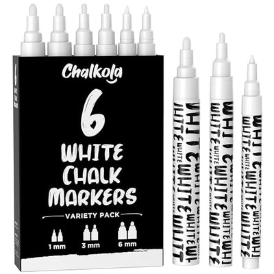 Chalkola White Chalk Markers - White Dry Erase Liquid Chalk Pens for Chalkboard, Blackboard, Window, Bistro, Car Glass, Board, Signs - Variety Pack