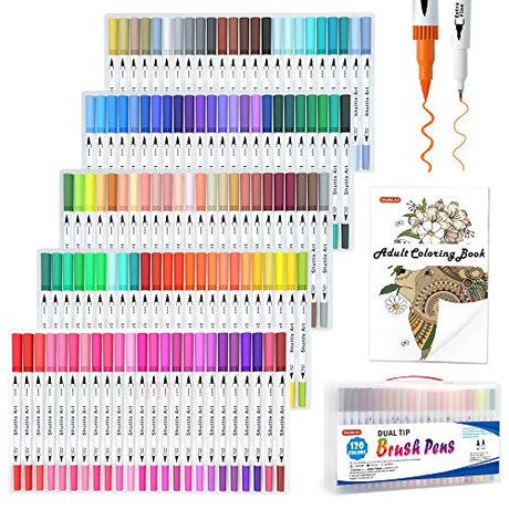 Shuttle Art 120 Colors Dual Tip Brush Art Marker Pens with 1 Coloring Book, Fineliner and Brush Dual Tip Markers Set Perfect for Kids Adult Artist Shuttle Art