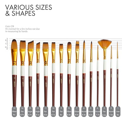 ARTIFY 2023 New Paint Brush Set, 15 Pcs Paint Brush Set for Acrylic Watercolor Oil and Gouache Painting - Brown & White - WoodArtSupply