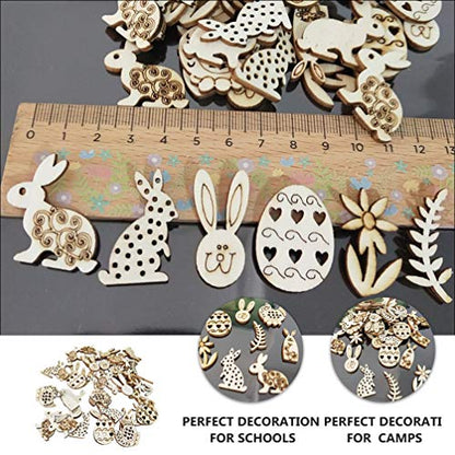 Kisangel 100Pcs Easter Doodle Drawing Easter Wood Slices Unfinished Wood Easter Hanging Crafts Wood Slices Egg Bunny Ornament Wood Eggs Easter