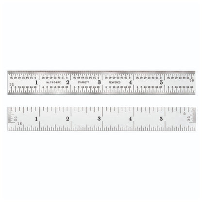 Starrett Spring Tempered Steel Rule with Satin Chrome Finish, Quick Reading and Inch Graduations - 6" Length, 4R Graduation Type, 3/64" Thickness - - WoodArtSupply