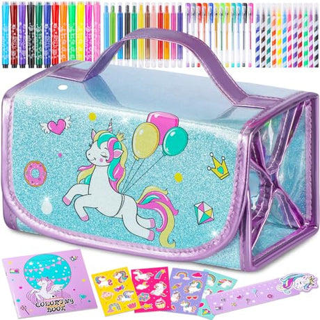 Unicorns Gifts for Girls 5 6 7 8 9 Year Old, Coloring Markers Set with Unicorn Pencil Case, Unicorn Art Supplies for Art Coloring, Craft Drawing Toy ABERLLS