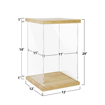 Clear Acrylic Display Case with Solid Butcherblock Base and Top for Trophy, Collectibles, Assemble Cube Display Box Stand Dust Proof Protection