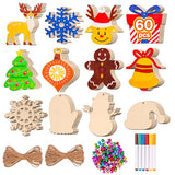 Max Fun 60Pcs Christmas Wooden Ornaments Unfinished Predrilled Wood Slices Circles for Crafts Xmas Holiday Hanging Decoration in 12 Shapes Max Fun