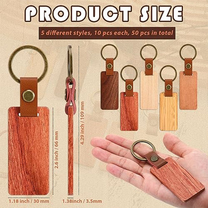 50 Pcs Leather Keychain Blanks Wooden Keychain Blanks Wood Keychain Blank Unfinished Wood Tags with Leather Strap Keyring (White Maple, Walnut,