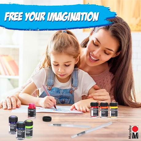Marabu Watercolor Paint Set - Watercolor Paper Pad with 20 Sheets, A4 220 GSM - 6 Watercolor Inks, 3 Refillable Water Brushes - Watercolor Kit for Marabu