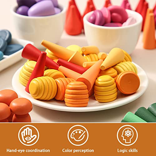 Promise Babe 81 PCS Loose Parts Play Materials Wooden Rainbow Stacking Toy for Toddlers, Preschool Learning Educational Shape Sorting Sensory Play