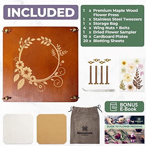 Large Wooden Flower Pressing Kit with Dried Flowers - 10 Layers - DIY Solid Maple Arts and Crafts for Adults with Storage Bag - 10x10 inches - WoodArtSupply