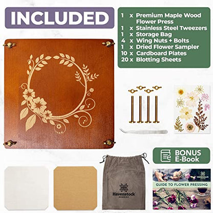 Large Wooden Flower Pressing Kit with Dried Flowers - 10 Layers - DIY Solid Maple Arts and Crafts for Adults with Storage Bag - 10x10 inches - WoodArtSupply