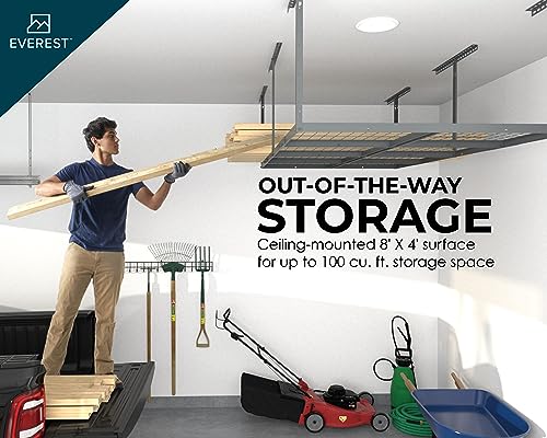 Everest Max 4 x 8 Overhead Garage Storage Rack, Heavy Duty Shelving, Adjustable Garage Storage Home Organization Storage Rack, 750lbs Weight Everest