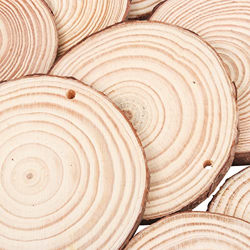 Natural Wood Slices 32 Pcs 2.75-3.14 Inches Unfinished Craft Wood kit Predrilled with Hole Wooden Circles Tree Slices for Arts and DIY Crafts
