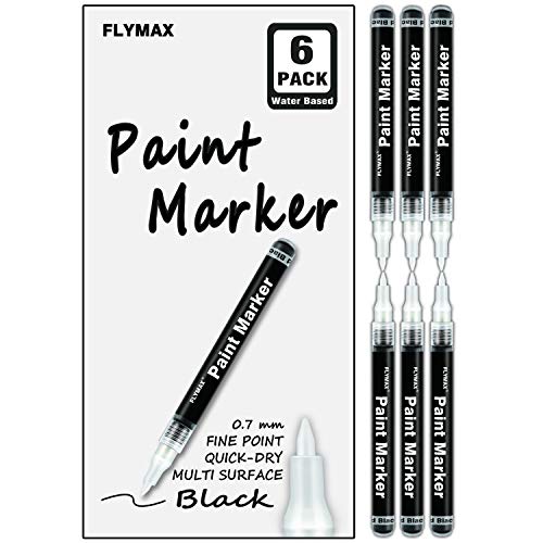 FLYMAX Black Acrylic Paint Pen, 6 Pack 0.7mm Acrylic Black Permanent Marker Black Paint Pen for Glass Ceramic Rock Leather Plastic Stone Metal Canvas FLYMAX