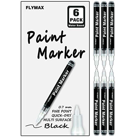 FLYMAX Black Acrylic Paint Pen, 6 Pack 0.7mm Acrylic Black Permanent Marker Black Paint Pen for Glass Ceramic Rock Leather Plastic Stone Metal Canvas FLYMAX