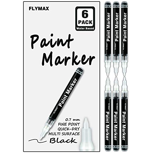 FLYMAX Black Acrylic Paint Pen, 6 Pack 0.7mm Acrylic Black Permanent Marker Black Paint Pen for Glass Ceramic Rock Leather Plastic Stone Metal Canvas - WoodArtSupply