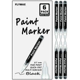 FLYMAX Black Acrylic Paint Pen, 6 Pack 0.7mm Acrylic Black Permanent Marker Black Paint Pen for Glass Ceramic Rock Leather Plastic Stone Metal Canvas FLYMAX