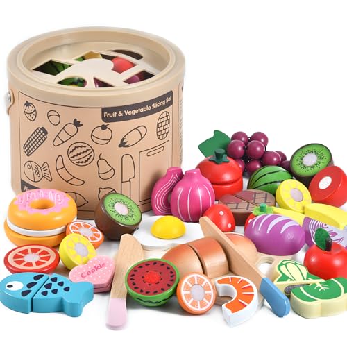 WHOHOLL Wooden Play Food for Kids Kitchen Playset, Play Kitchen Accessories Pretend Cutting Food Montessori Toys for 2+ Year Old with Basket, Toy WHOHOLL