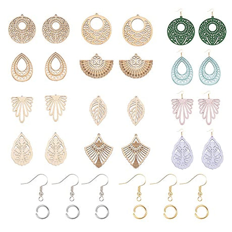 Elecrelive 48pcs Unfinished Wooden Dangle Earring Making Kit 8 Styles Burlywood Filigree Earrings Pendants Blank with Jump rings & Earring Hooks for EEE ELECRELIVE