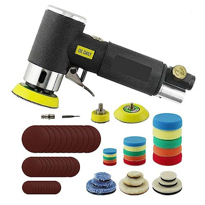 60Pcs Mini Air Sander Kit, Pneumatic Sander with 1” 2” 3” Backing Plates, Sanding Discs, Buffing Pads for Random Orbital Sanding Buffing Polishing