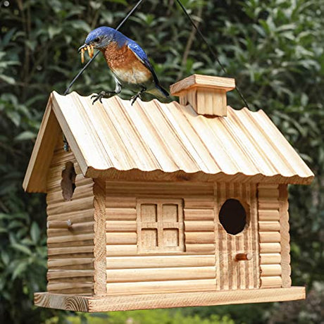 Bird Houses Outside,Outdoor Bird House, Natural Wooden Bird Hut Clearance 2 Hole Bluebird Finch Cardinals Hanging Birdhouse for Garden Viewing STARSWR