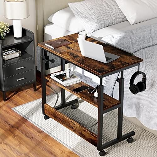 YITAHOME Height Adjustable Table with Charging Station, Portable Desk with Wheels, Small Standing Rolling Computer Desk with Tiltable Tabletop and - WoodArtSupply