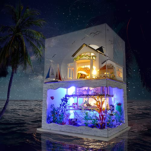 GuDoQi DIY Miniature Dollhouse Kit, Tiny House kit with Furniture and Dust Proof, Miniature House Kit 1:24 Scale Beachside Bungalow, Great Handmade GuDoQi