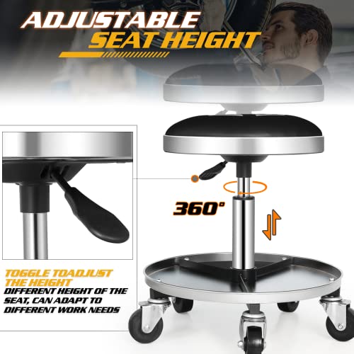 Magshion Rolling Stools with Wheels 300 lbs Capacity Pneumatic Rolling Mechanic Stool, Height-Adjustable Padded Roller Seat with Wheels & Tool Tray Magshion