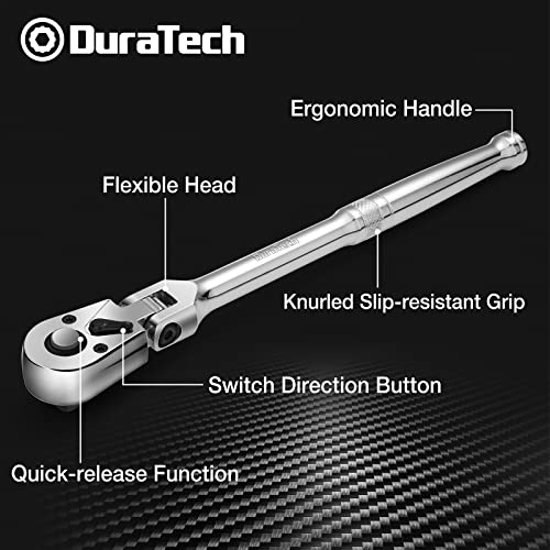 DURATECH 3/8" Drive Flex-Head Ratchet, 72-Tooth Ratchet Wrench, Quick-release, Reversible Switch, Full-Polished Chrome Plating, Alloy Steel